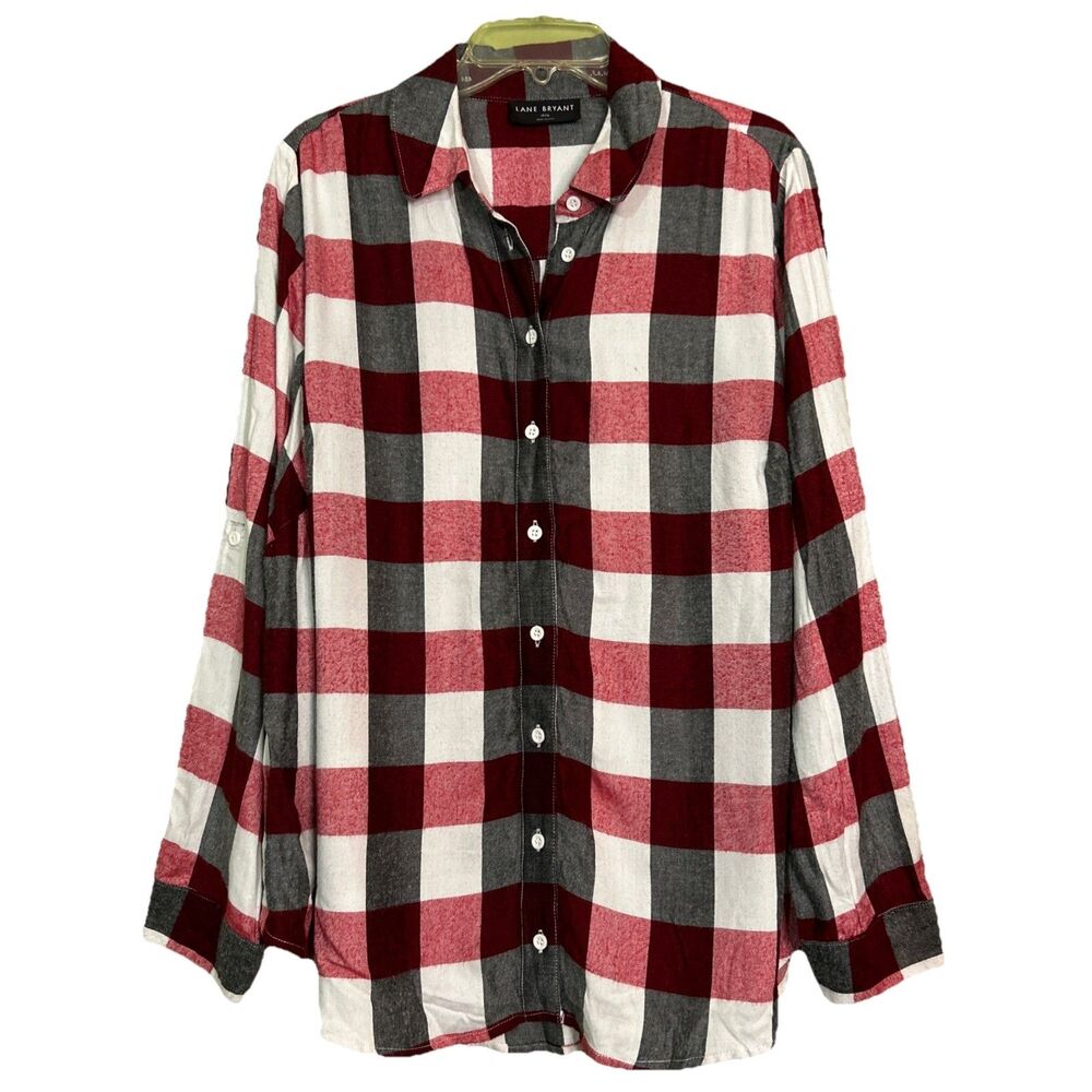 Lane Bryant Women's Plaid Flannel Top Size 14/16 Red, Gray White FLAW-small spot